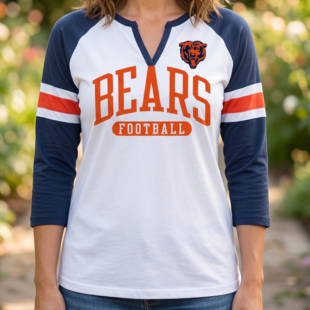 NFL Team Apparel Chicago Bears Womens Raglan 3/4 Sleeve Notched V-Neck T-Shirt L